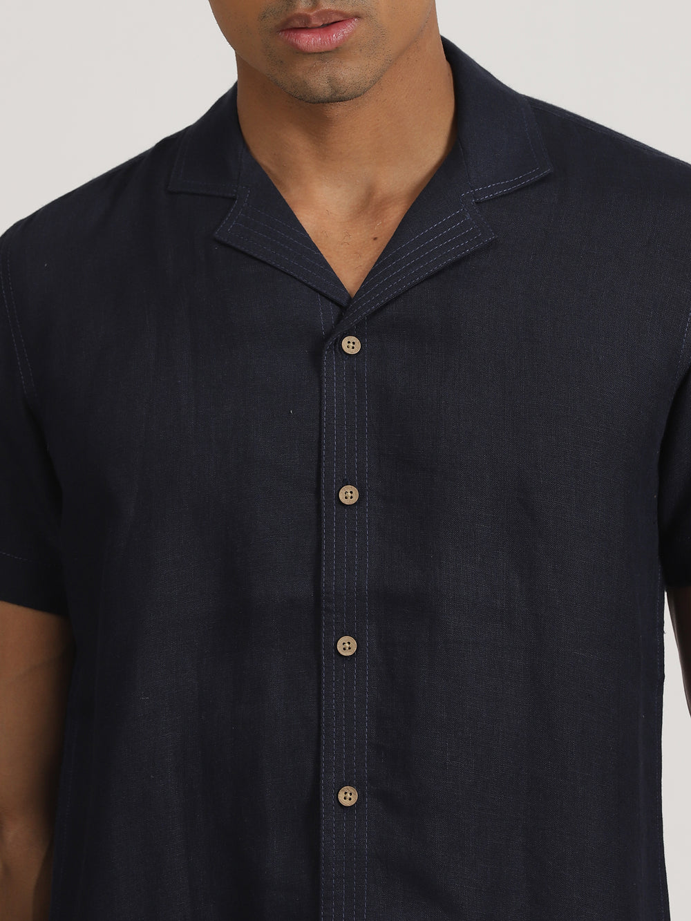 Earl - Pure Linen Half Sleeve Shirt With Stitch Details - Dark Blue