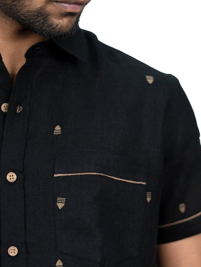 Pyramid - Pure Linen Hand-Embroidered Half Sleeve Shirt - Black