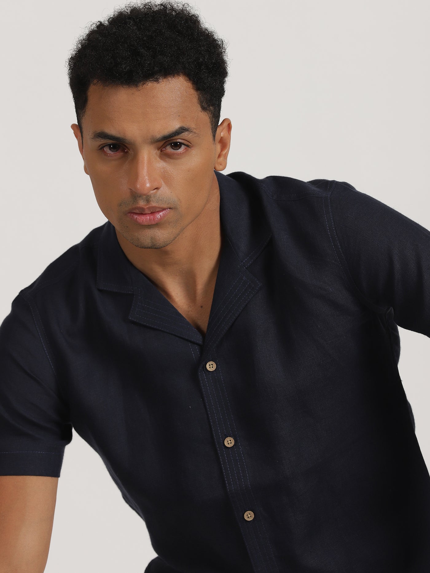 Earl - Pure Linen Half Sleeve Shirt With Stitch Details  - Dark Blue