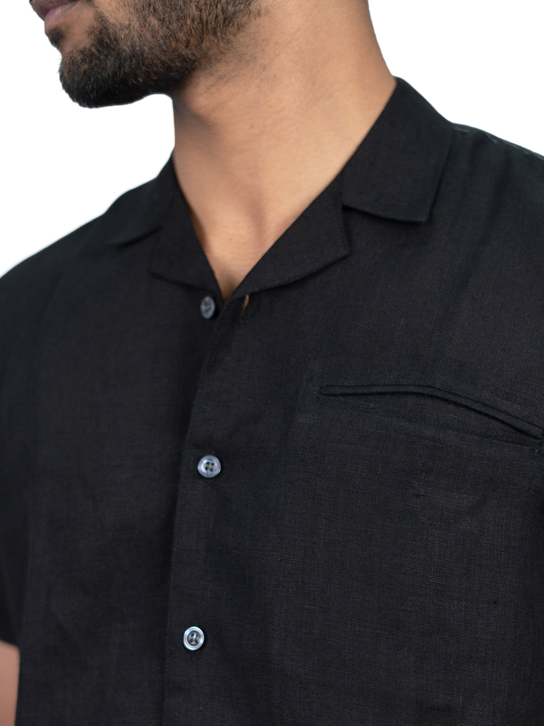 Vanta - Pure Linen Stitch Detailed Half Sleeve Shirt - Black