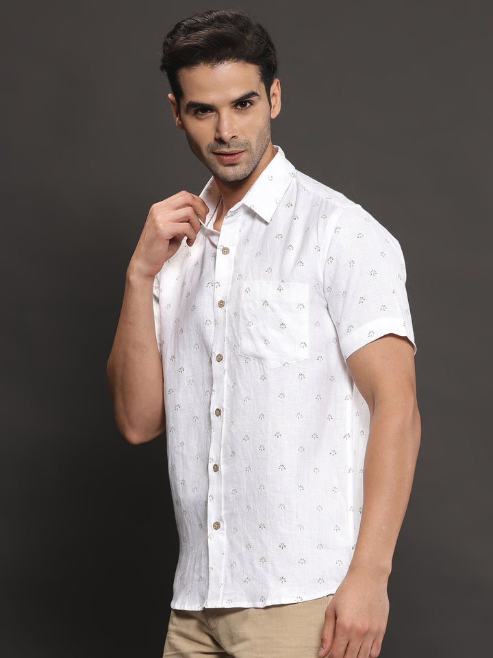 Adam - Pure Linen Block Printed Half Sleeve Shirt - White