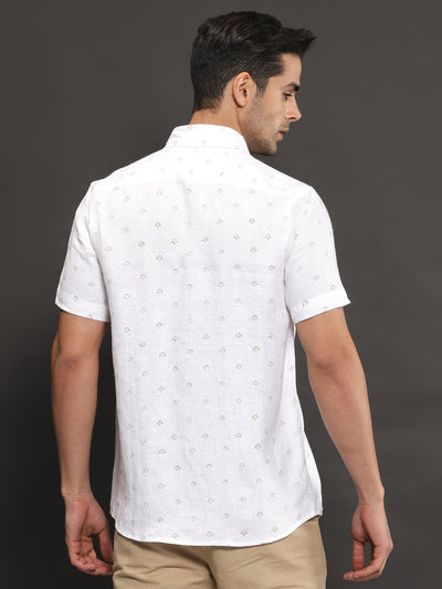 Adam - Pure Linen Block Printed Half Sleeve Shirt - White