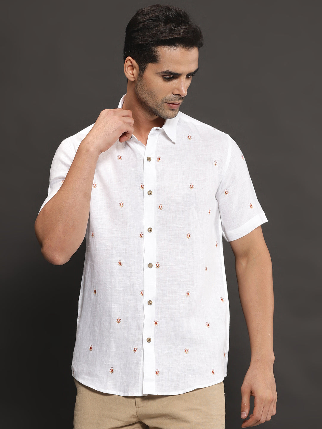 Aiden - Pure Linen Embroidered Half Sleeve Shirt - White