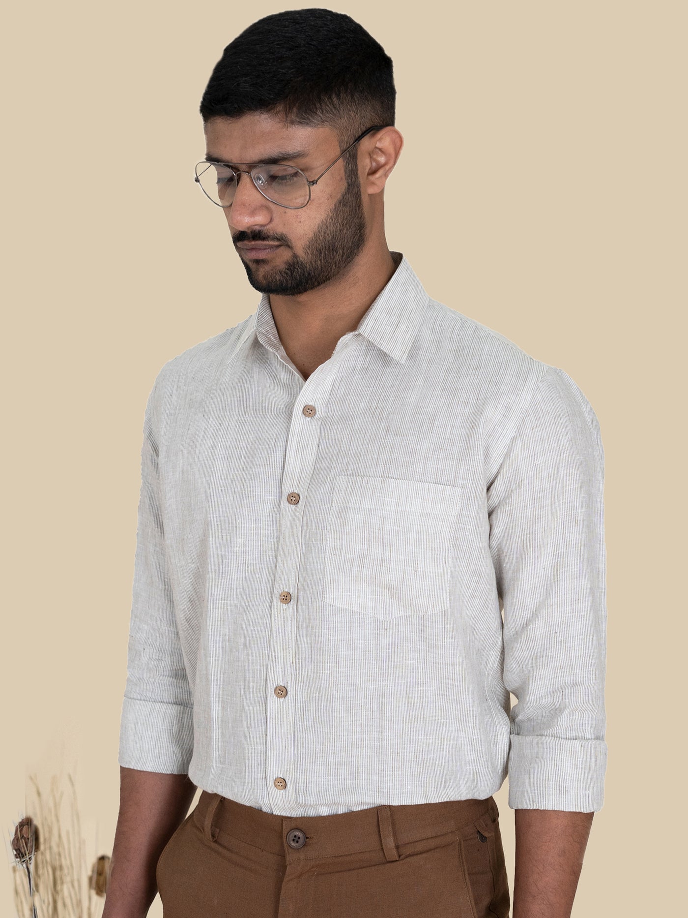 Amanto- Pure Linen Pinstriped Full Sleeve Shirt - Ecru