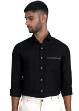 Ares - Pure Linen Pocket Detailed Full Sleeve Shirt - Black