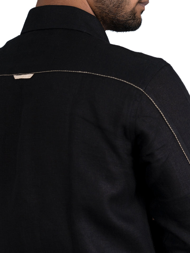 Ares - Pure Linen Pocket Detailed Full Sleeve Shirt - Black