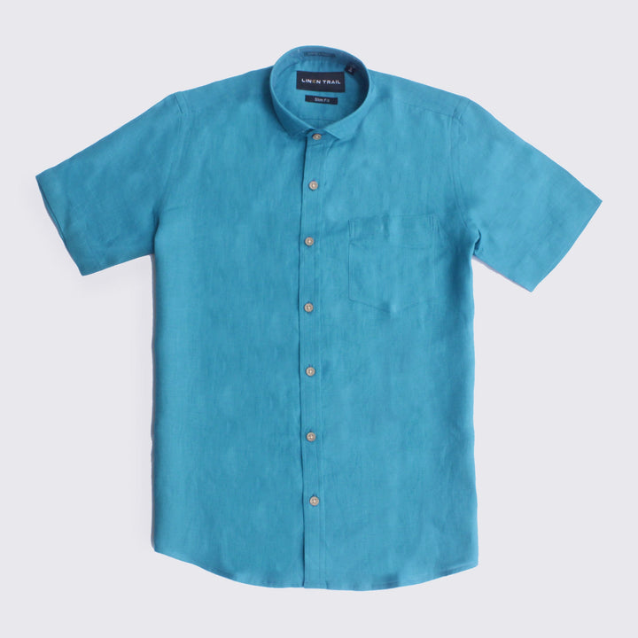 Monte - Pure Linen Club Collar Half Sleeve Shirt - Sky Blue | Rescue