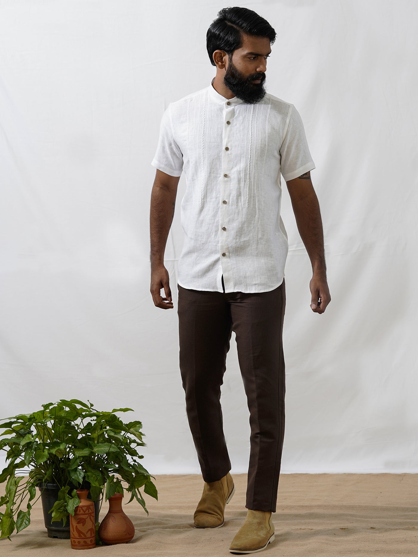 Bradley - Men's Pure Linen Embroidered Half Sleeve Shirt - White