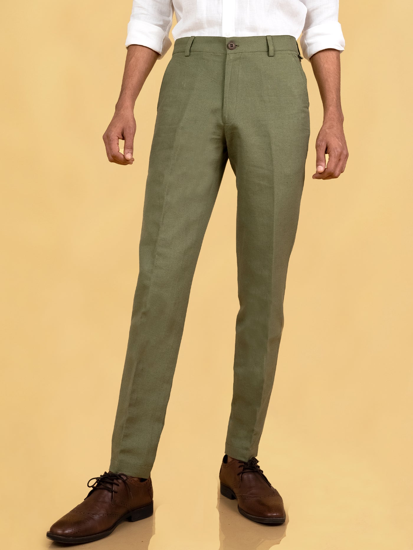 Ian Chino Pants - Linen Trousers - Bright Olive Green