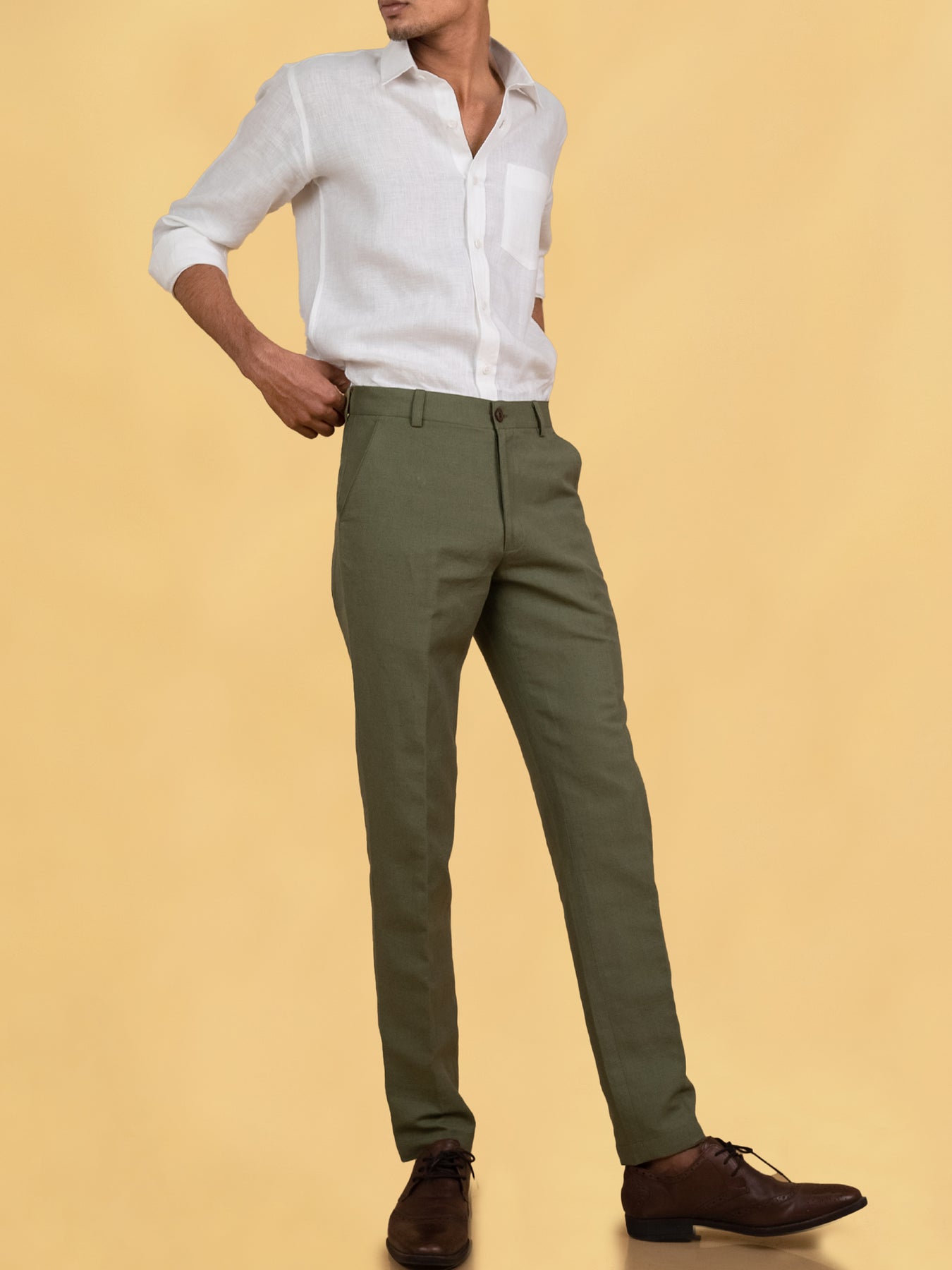 Cotton Slub Solid Regular Fit Casual Green Trouser Pants  Yash Gallery