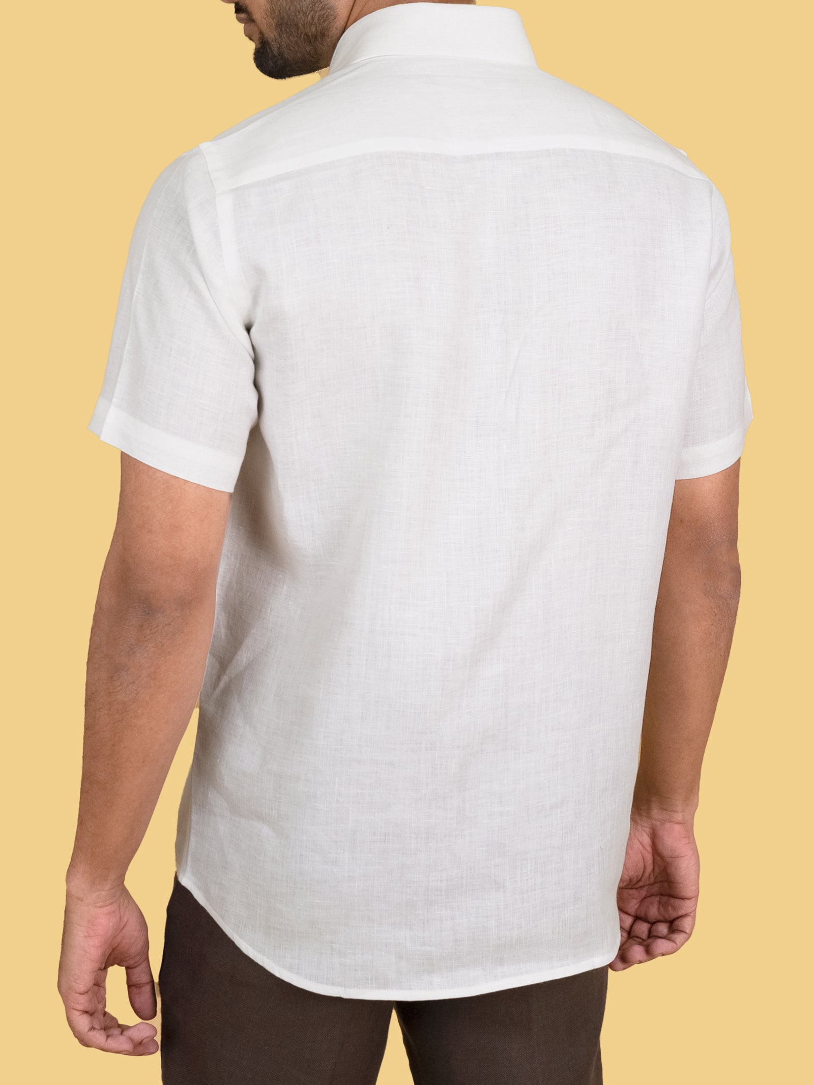 White Half- Sleeve Pure Linen Shirt For Men With Pocket Detailing