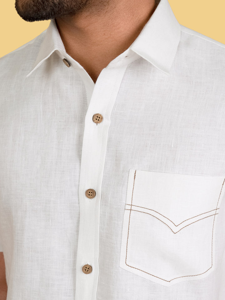 Carrey - Pure Linen Pocket Detailed Half Sleeve Shirt - White