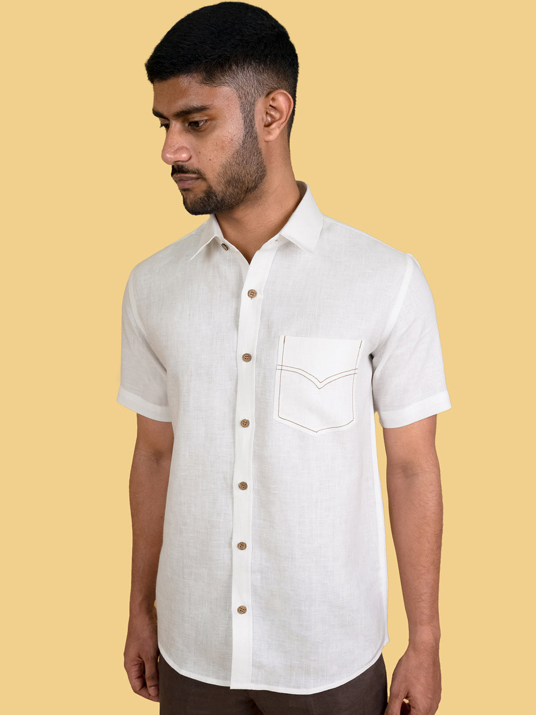 Carrey - Pure Linen Pocket Detailed Half Sleeve Shirt - White