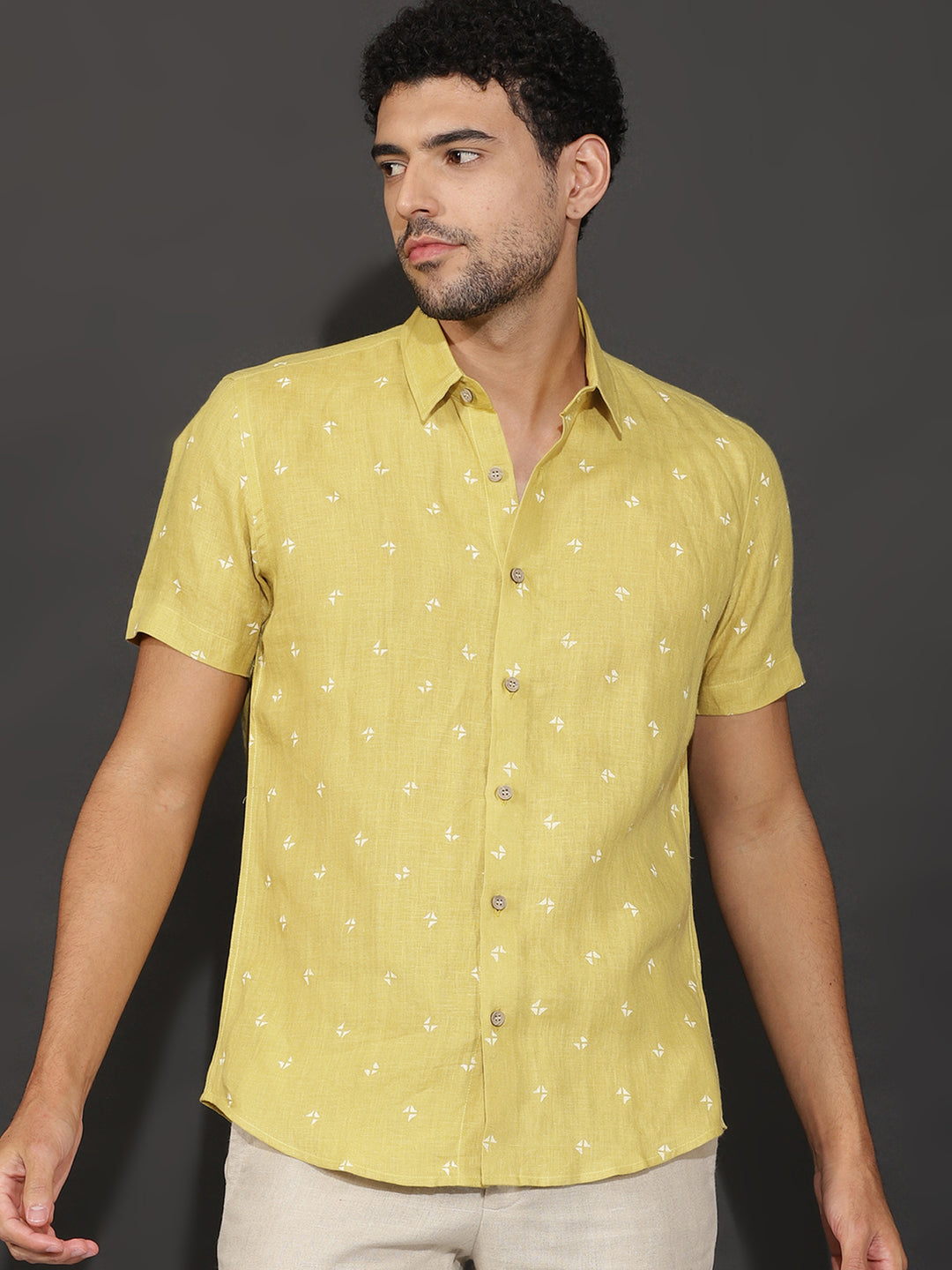 Çeliyo - Pure Linen Hand-Block Printed Half Sleeve Shirt - Sunburst Yellow