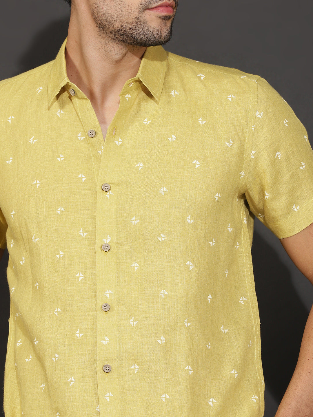 Çeliyo - Pure Linen Hand-Block Printed Half Sleeve Shirt - Sunburst Yellow