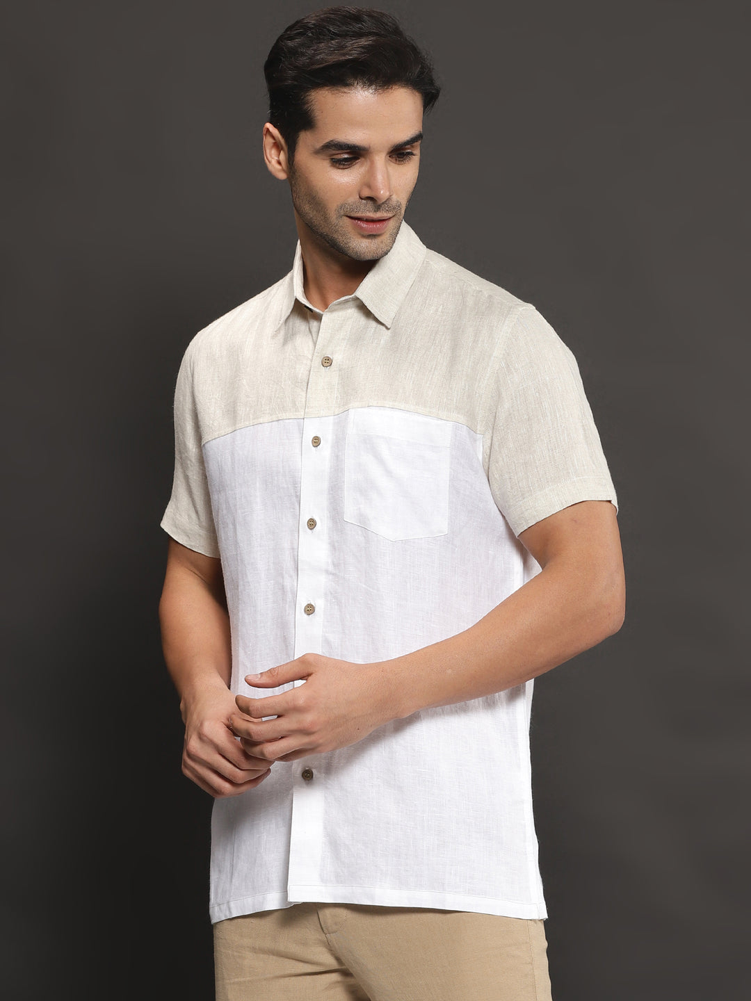 Charlie - Pure Linen Block Half Sleeve Shirt - Ecru & White
