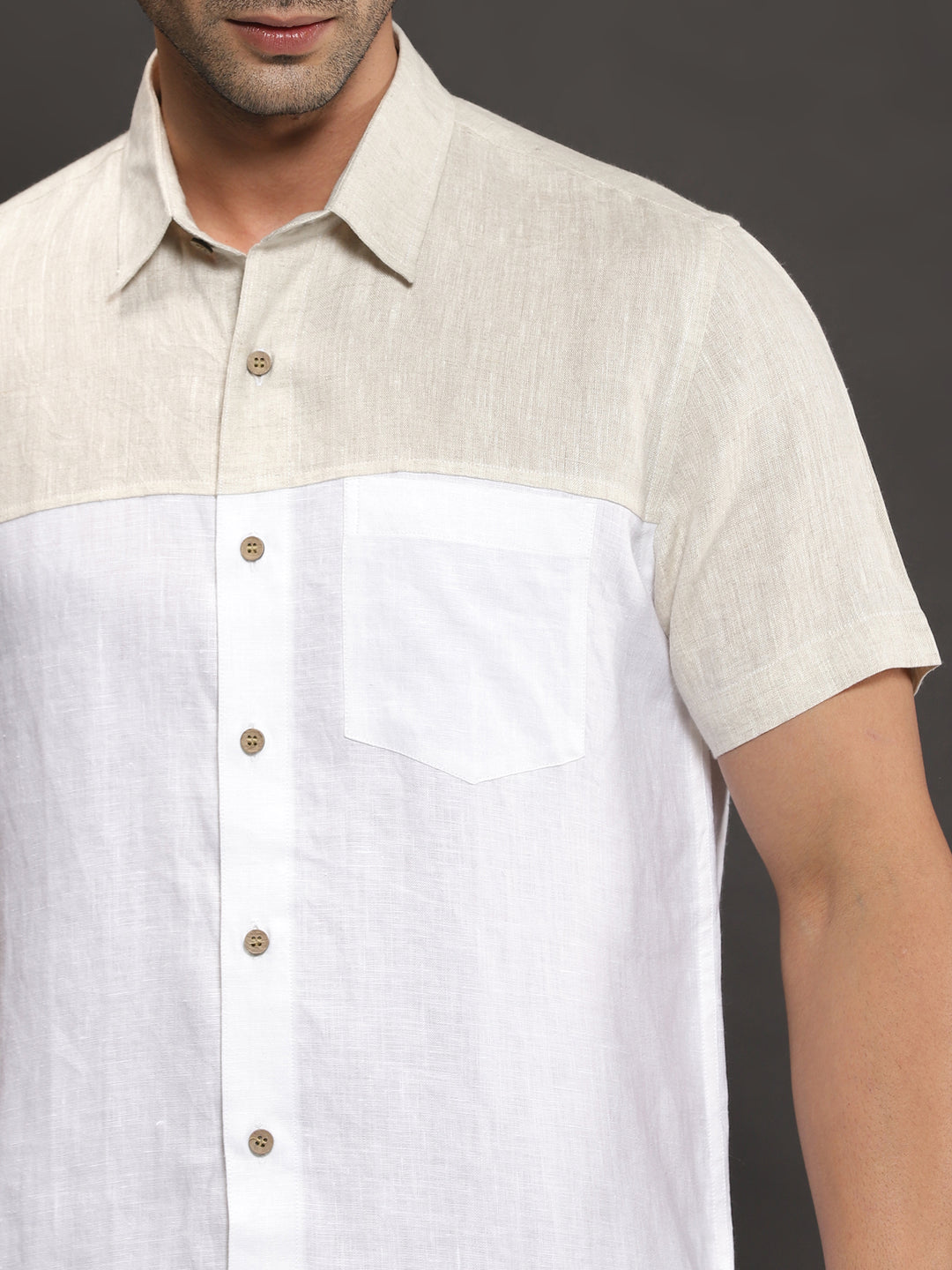 Charlie - Pure Linen Block Half Sleeve Shirt - Ecru & White