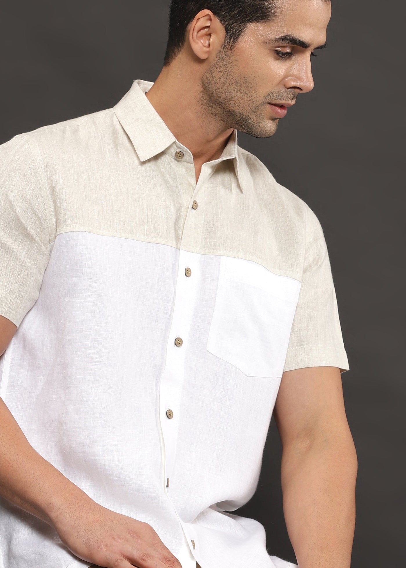 Charlie - Pure Linen Block Half Sleeve Shirt - Ecru & White
