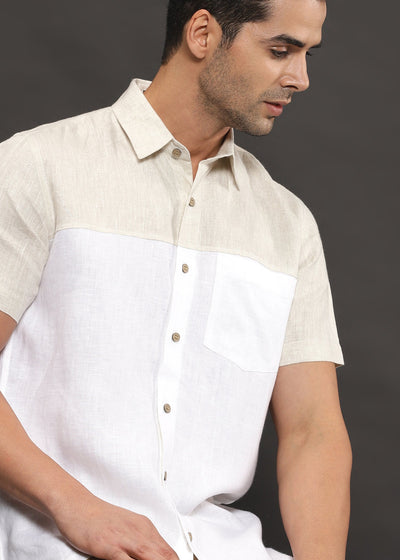 Charlie - Pure Linen Block Half Sleeve Shirt - Ecru & White