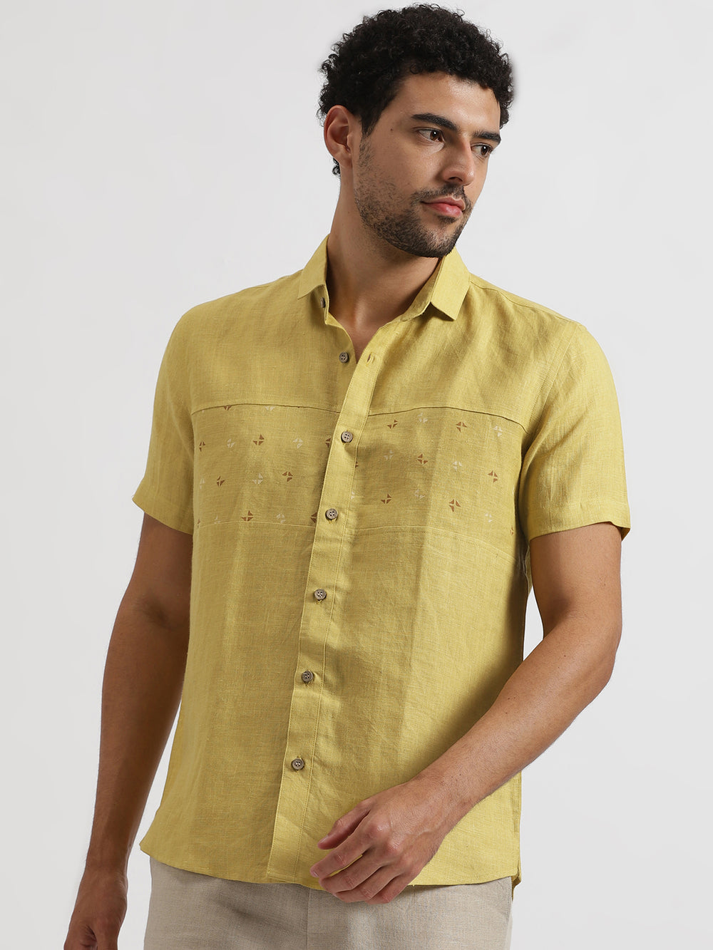 Chase - Pure Linen Hand-Block Printed Half Sleeve Shirt - Sunburst Yellow