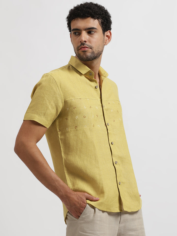 Chase - Pure Linen Hand-Block Printed Half Sleeve Shirt - Sunburst Yellow