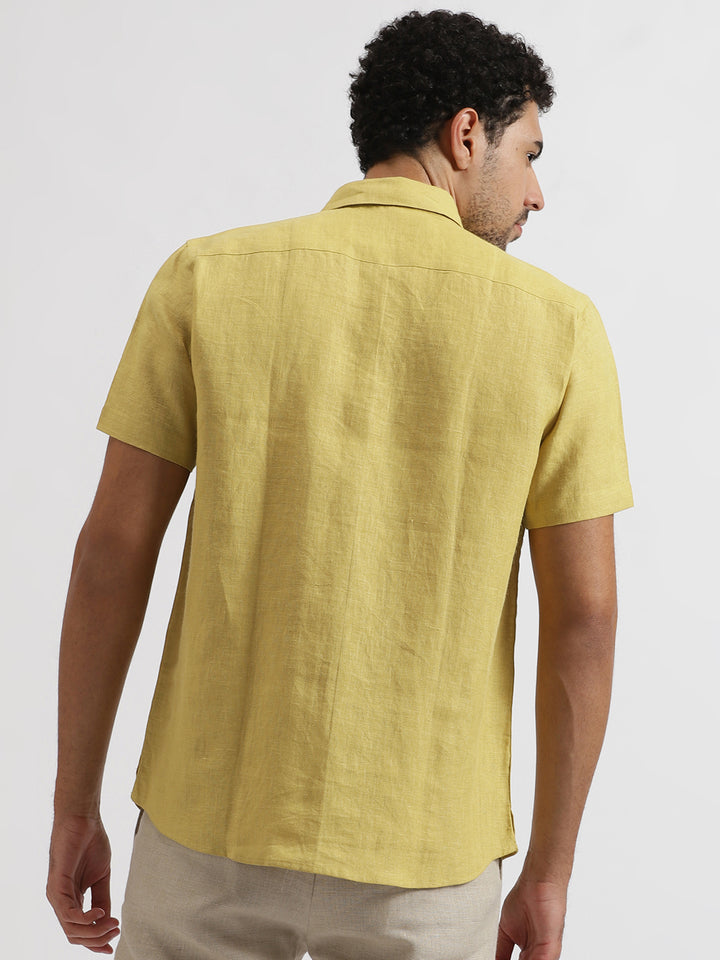 Chase - Pure Linen Hand-Block Printed Half Sleeve Shirt - Sunburst Yellow