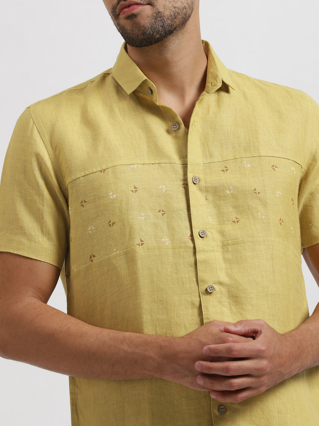 Chase - Pure Linen Hand-Block Printed Half Sleeve Shirt - Sunburst Yellow