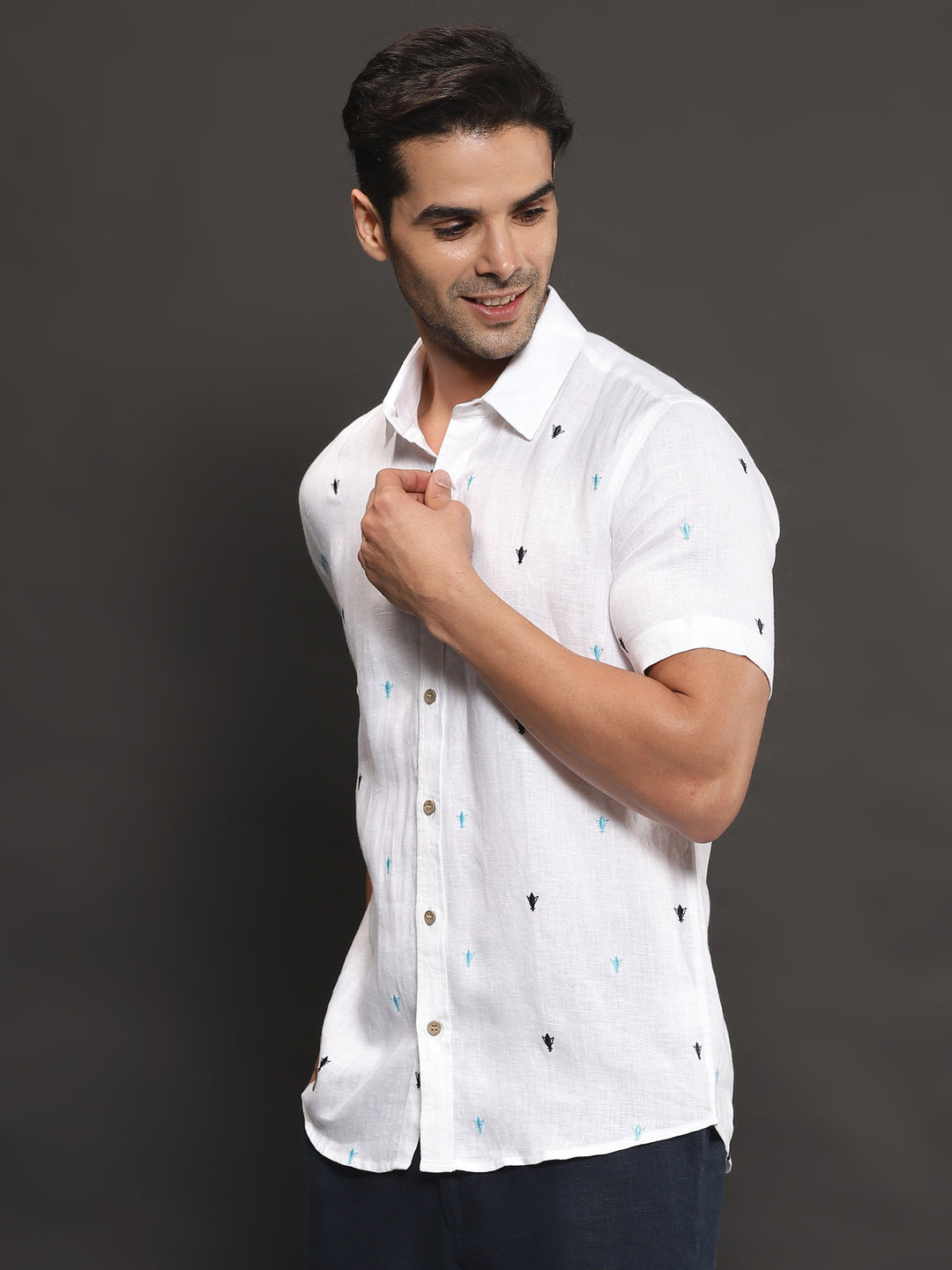Chris - Pure Linen Embroidered Half Sleeve Shirt - White