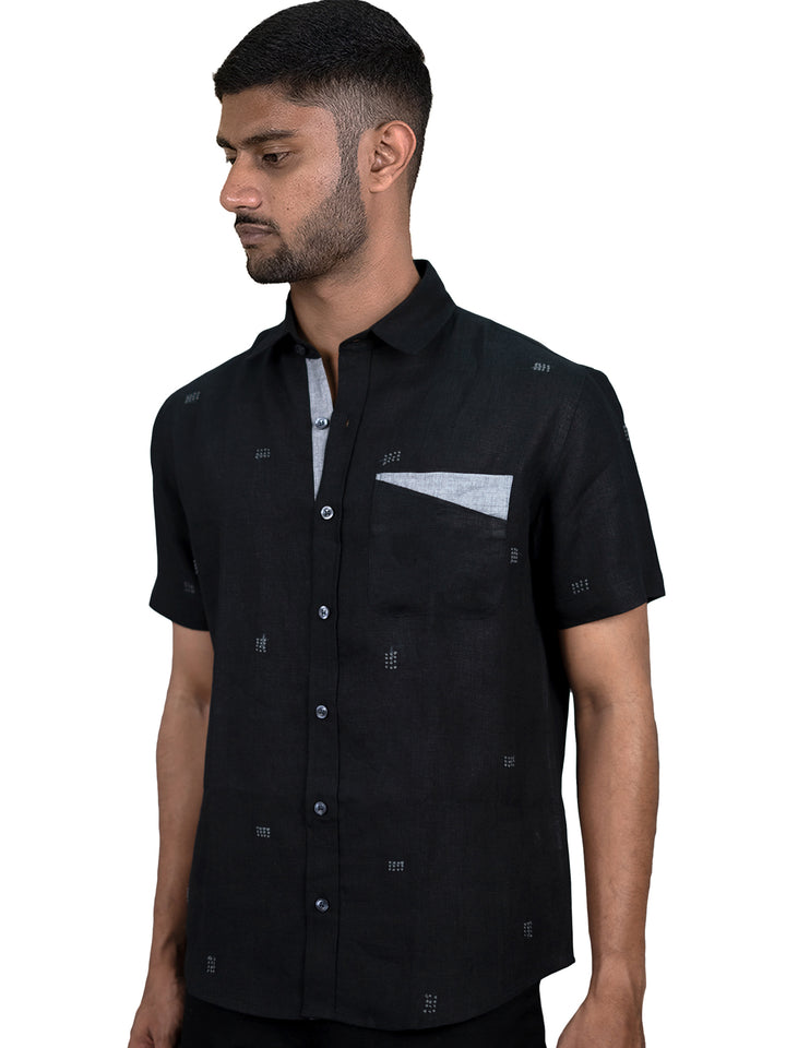 City Lights - Pure Linen Hand-Embroidered Half Sleeve Shirt - Black