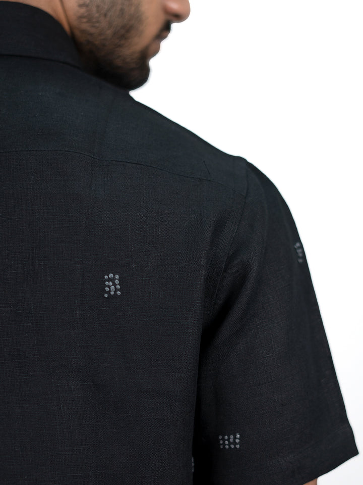 City Lights - Pure Linen Hand-Embroidered Half Sleeve Shirt - Black