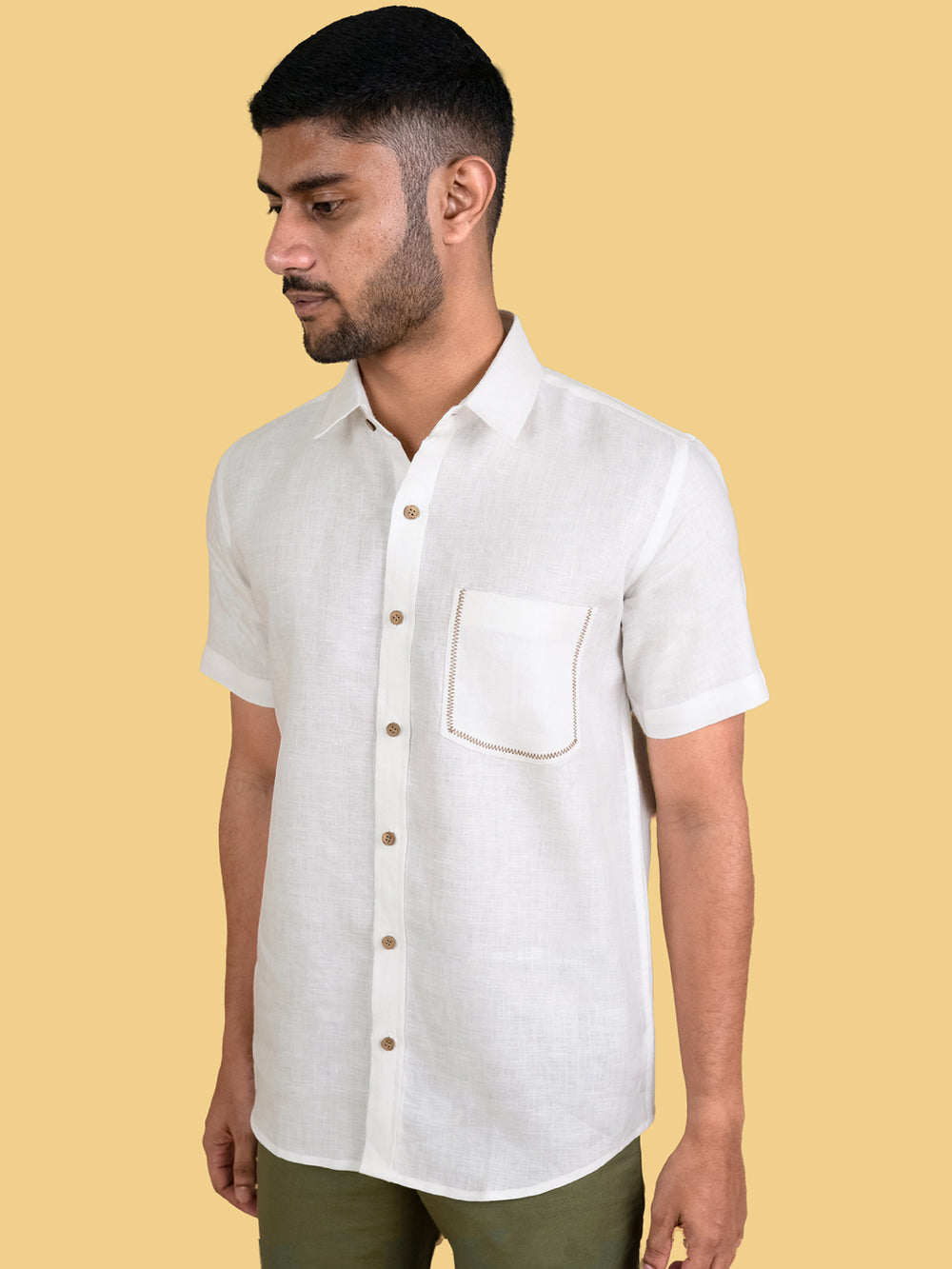 Clint - Pure Linen Pocket Detailed Half Sleeve Shirt - White