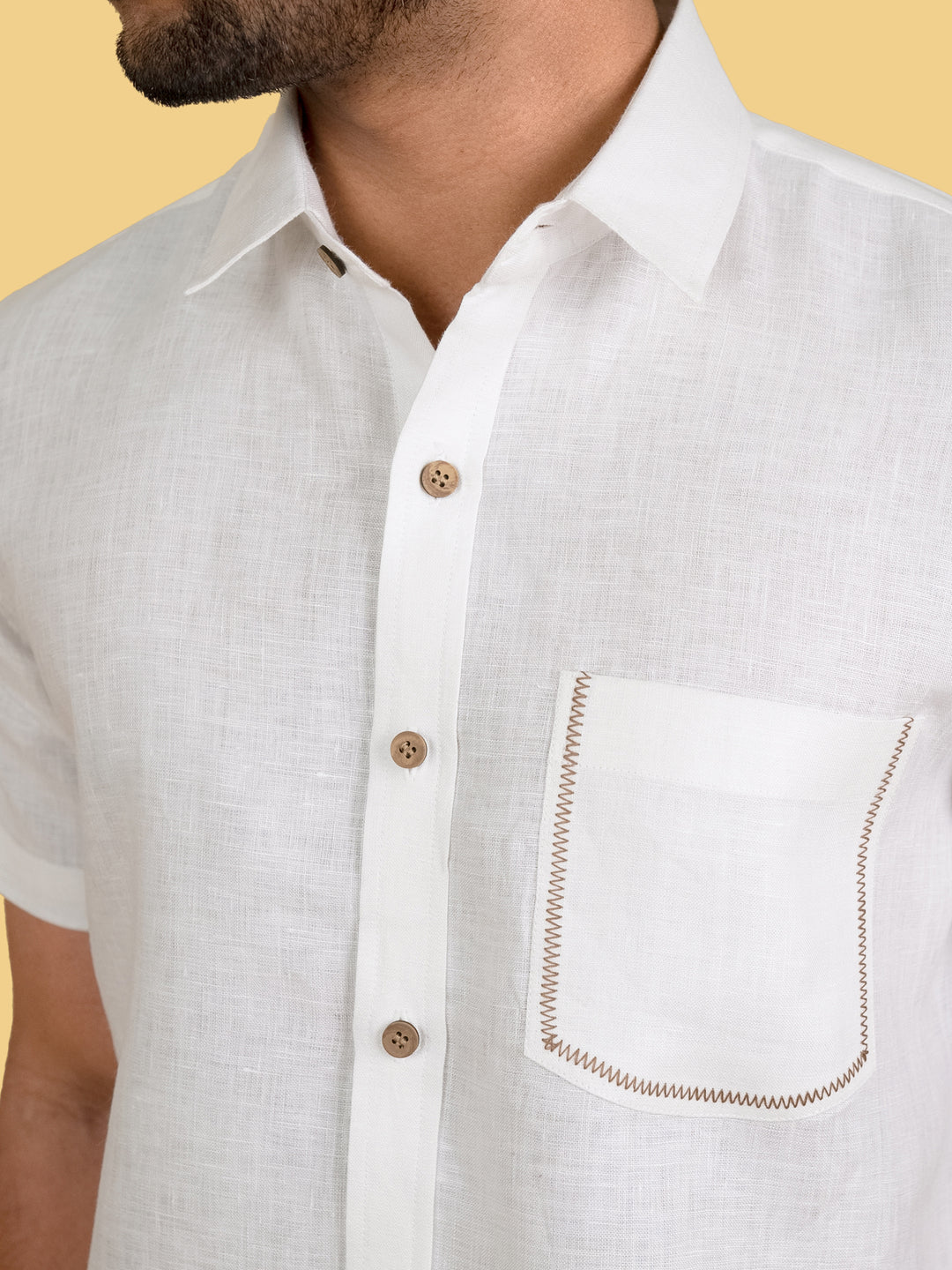 Clint - Pure Linen Pocket Detailed Half Sleeve Shirt - White