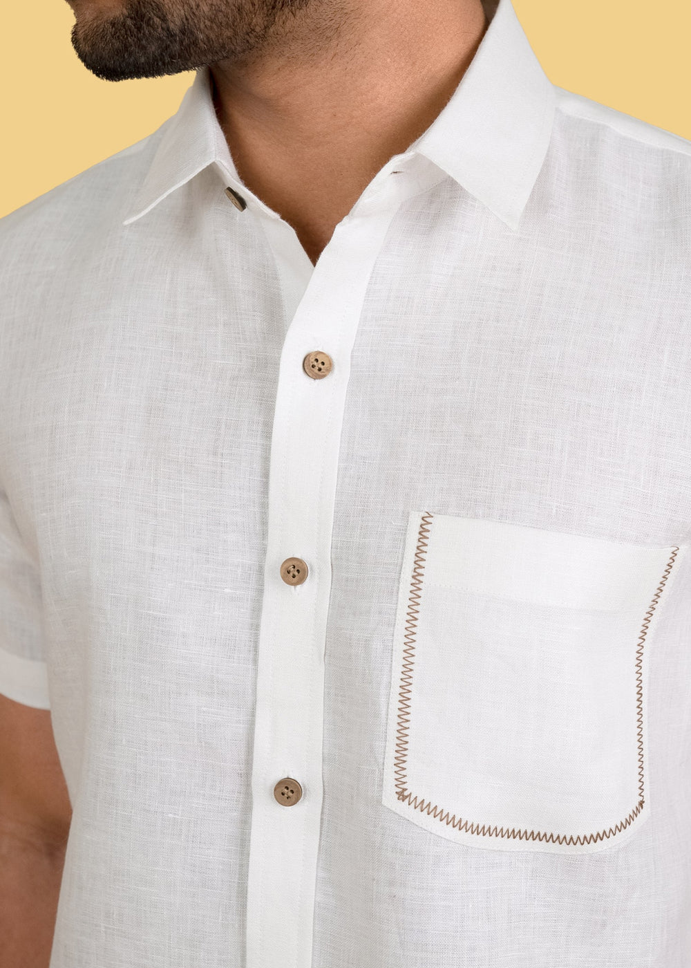Clint - Pure Linen Pocket Detailed Half Sleeve Shirt - White