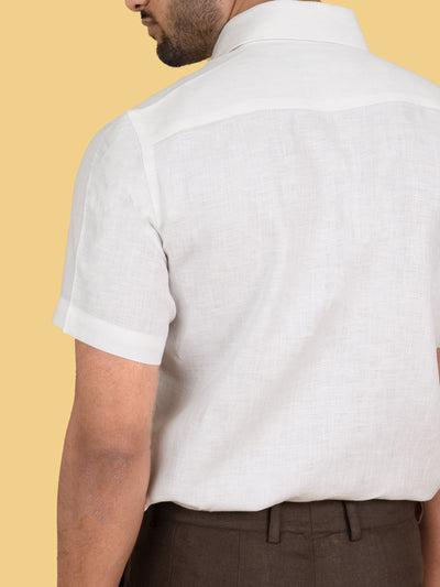 Colin - Pure Linen Pocket Detailed Half Sleeve Shirt - White