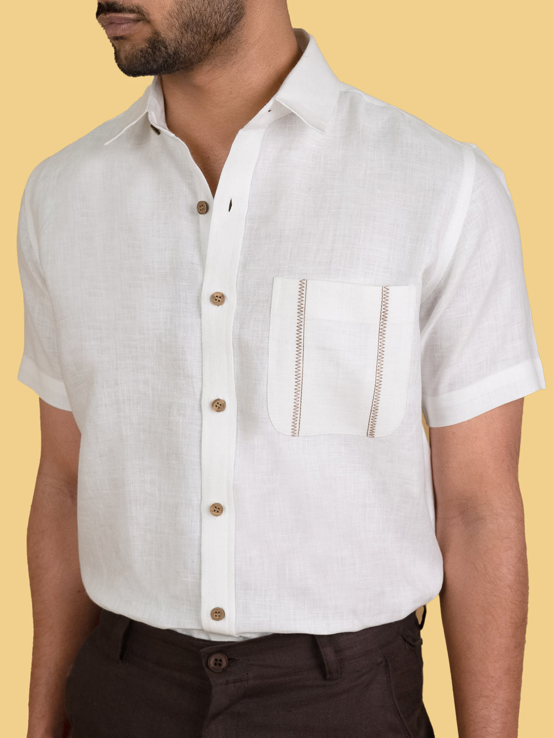 Colin - Pure Linen Pocket Detailed Half Sleeve Shirt - White