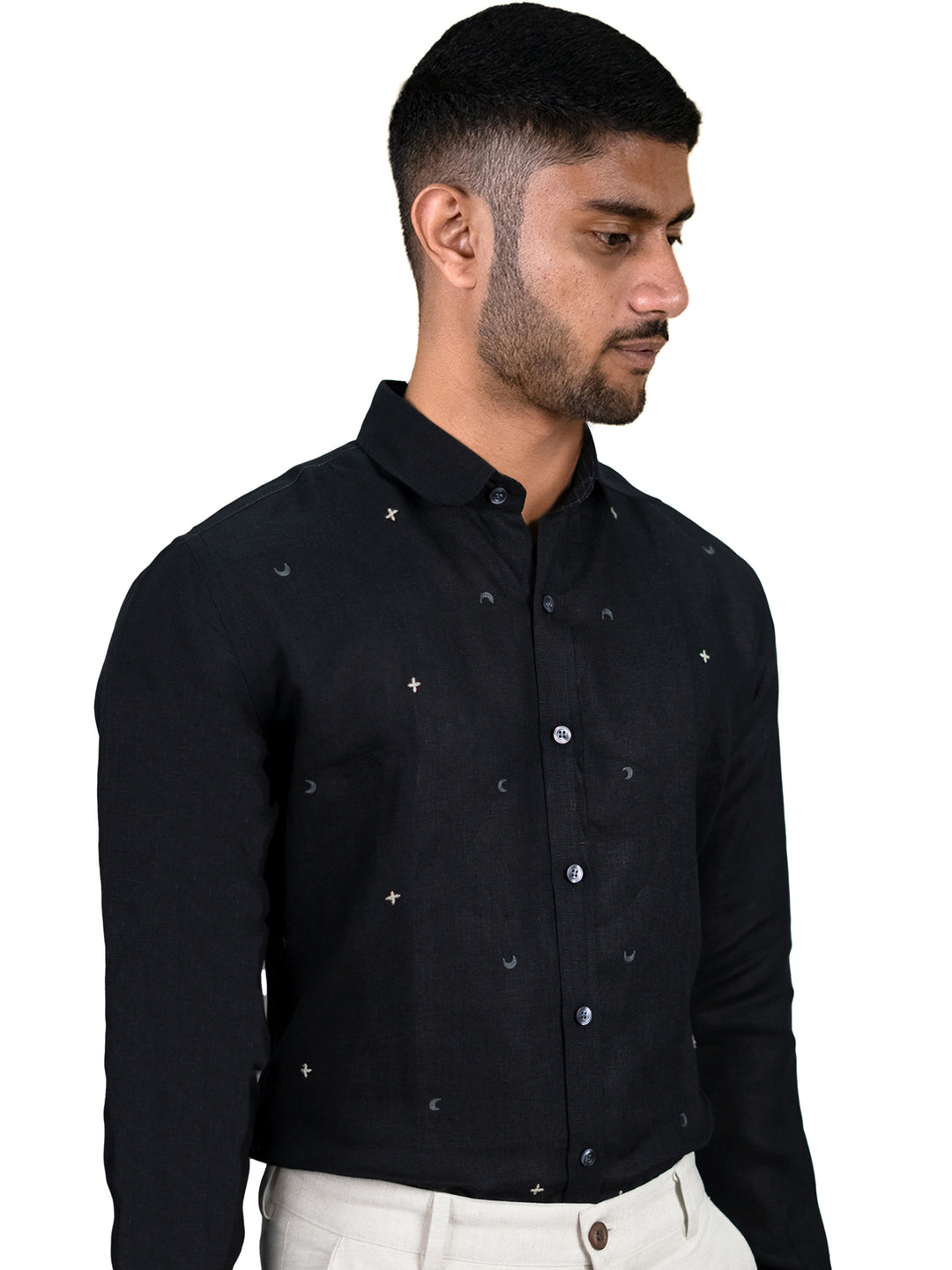 Aster - Pure Linen Hand-Embroidered Full Sleeve Shirt - Black