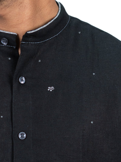 Nova - Pure Linen Hand-Embroidered Full Sleeve Shirt - Black