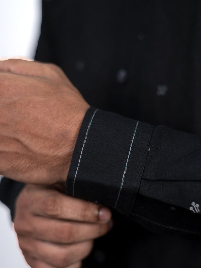 Nova - Pure Linen Hand-Embroidered Full Sleeve Shirt - Black