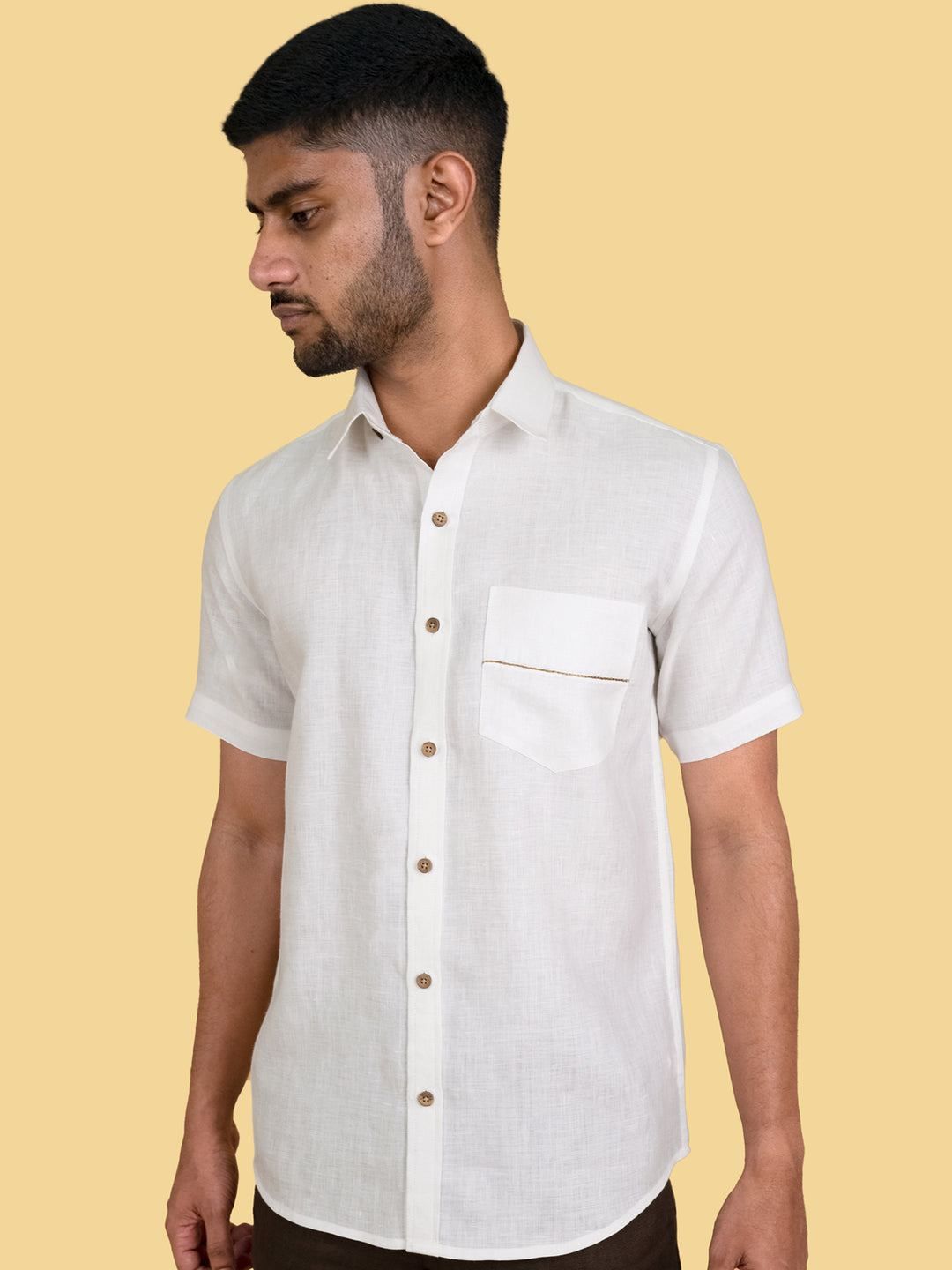 Cornes - Pure Linen Pocket Detailed Half Sleeve Shirt - White