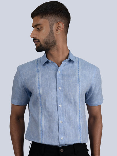Daniel - Pure Linen Chambray Half Sleeve Shirt - Blue