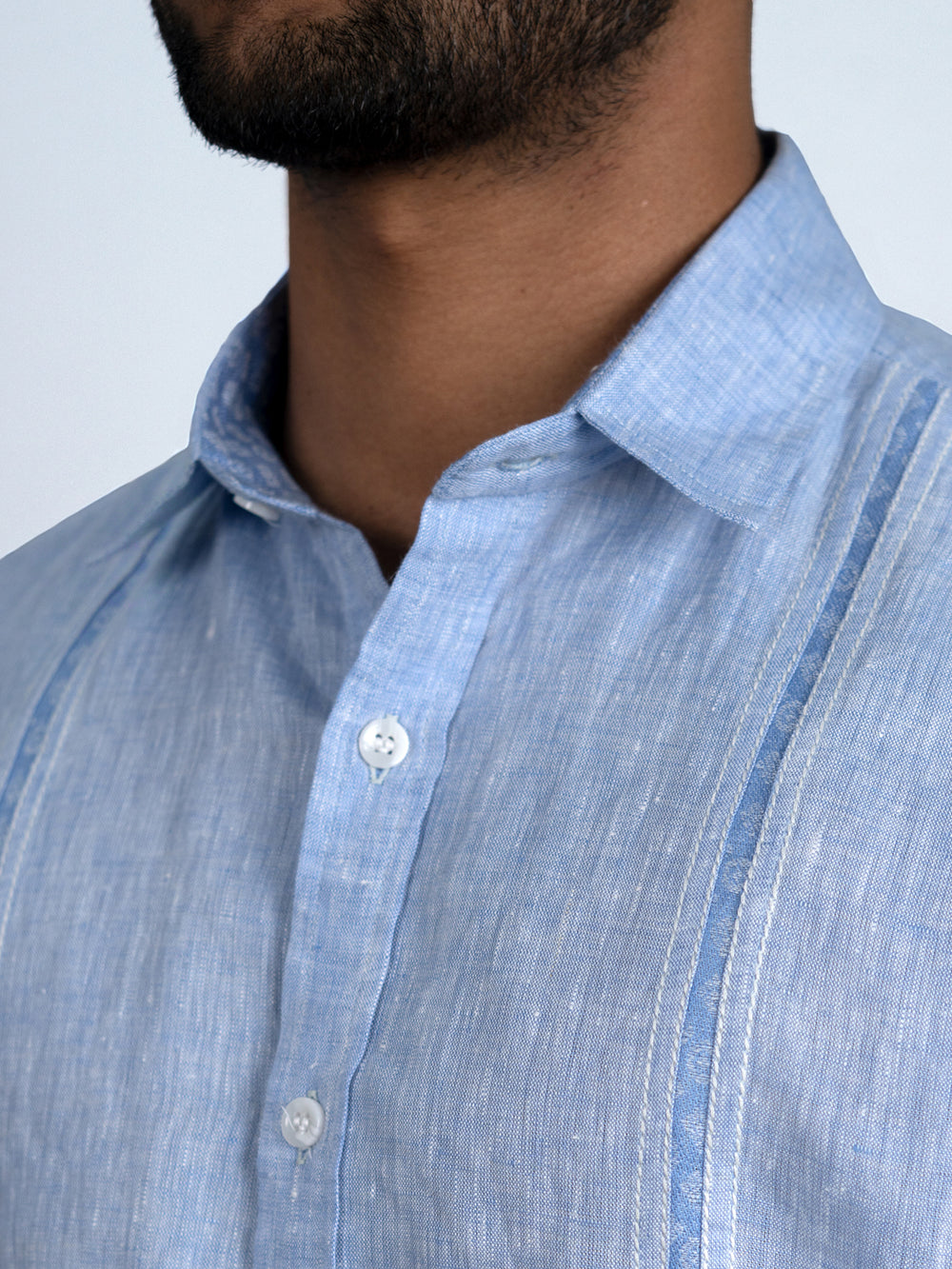 Daniel - Pure Linen Chambray Half Sleeve Shirt - Blue