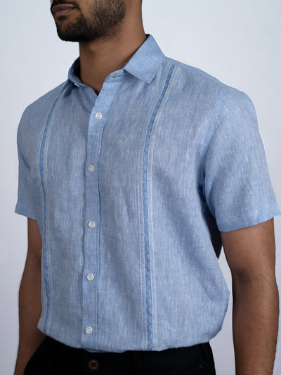Daniel - Pure Linen Chambray Half Sleeve Shirt - Blue