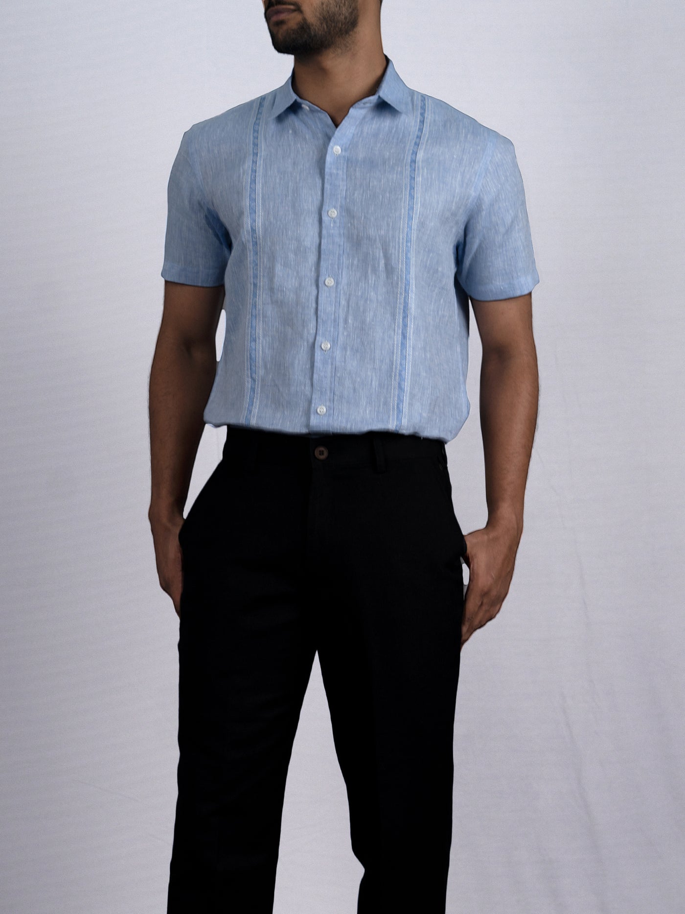 Daniel - Pure Linen Chambray Half Sleeve Shirt - Blue