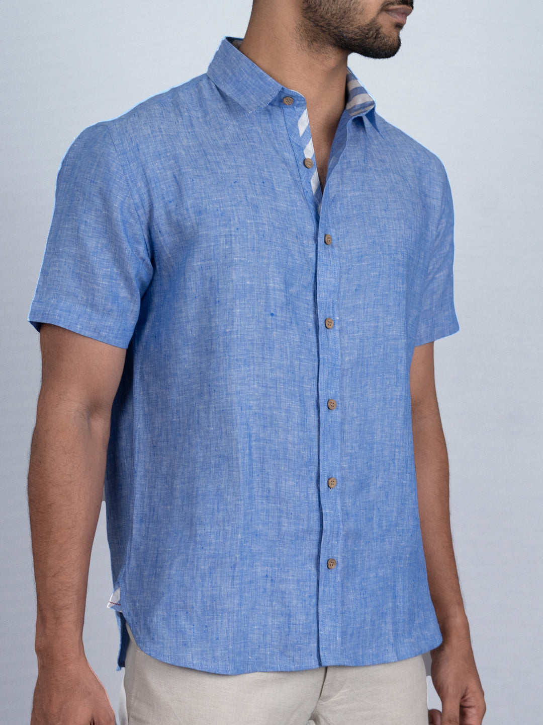 Dante - Men's Pure Linen Chambray Half Sleeve Shirt - Blue