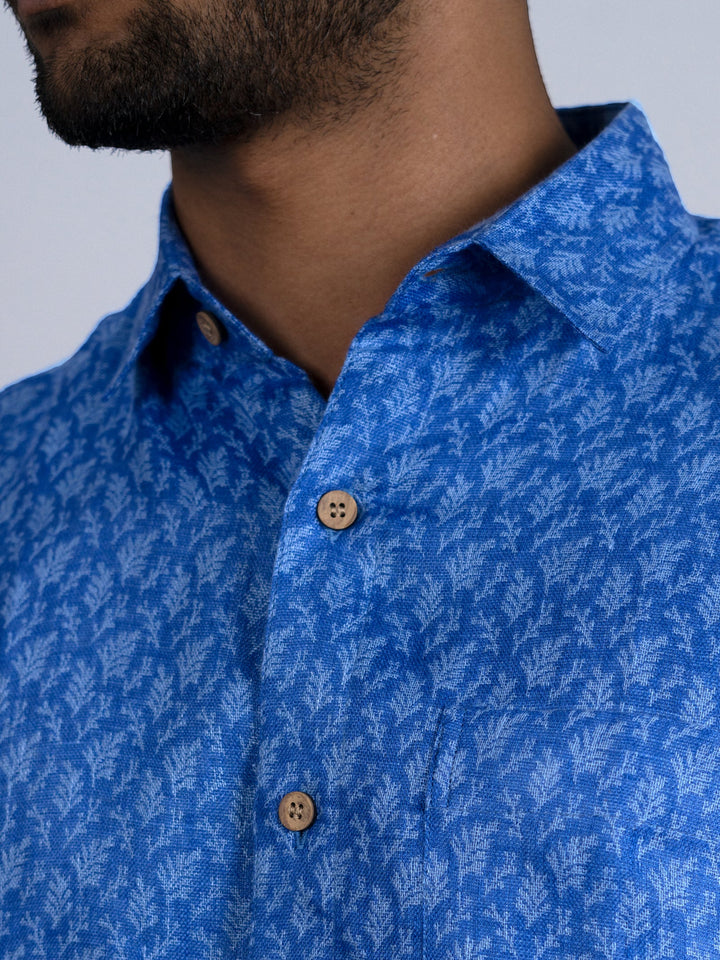 David - Pure Linen Jacquard Half Sleeve Shirt - Blue | Rescue