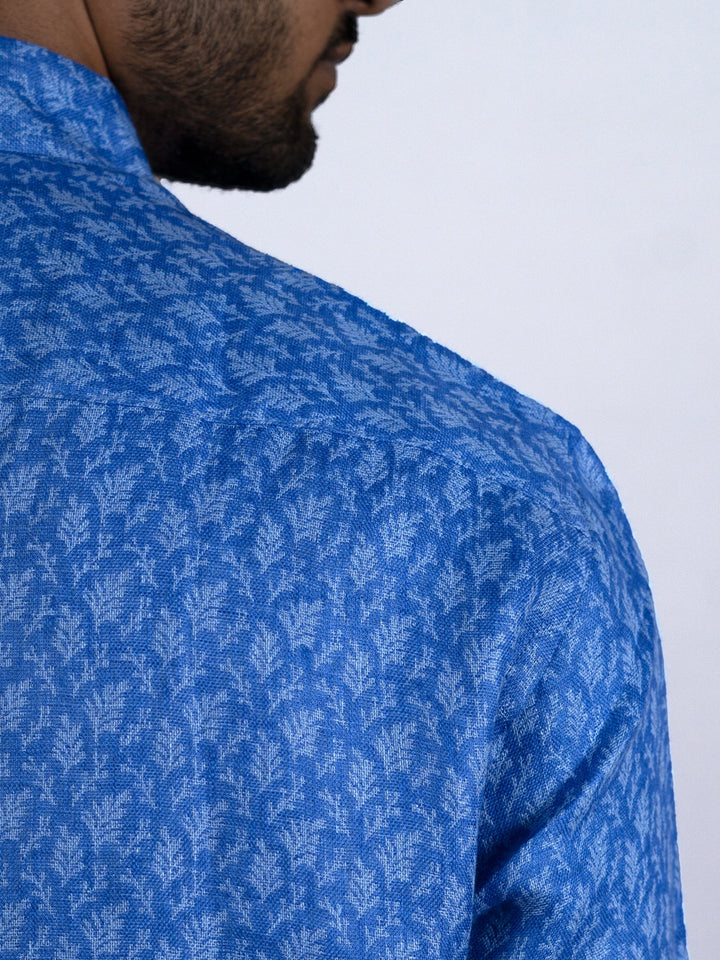 David - Pure Linen Jacquard Half Sleeve Shirt - Blue | Rescue