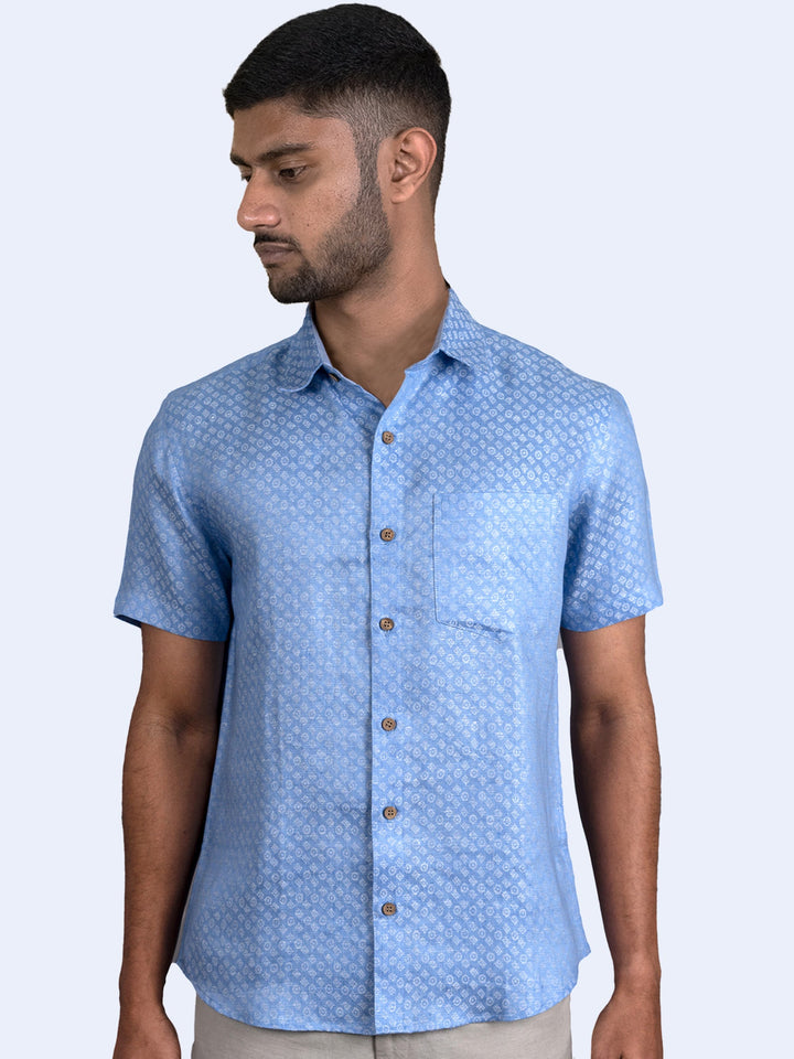 Deacon - Pure Linen Jacquard Half Sleeve Shirt - Blue | Rescue