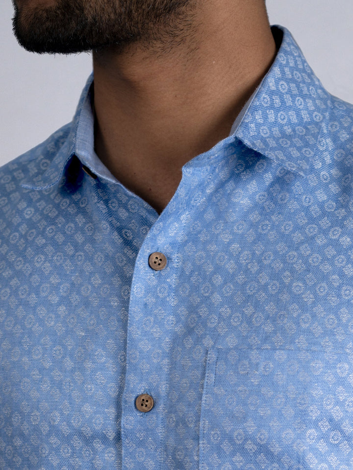 Deacon - Pure Linen Jacquard Half Sleeve Shirt - Blue | Rescue