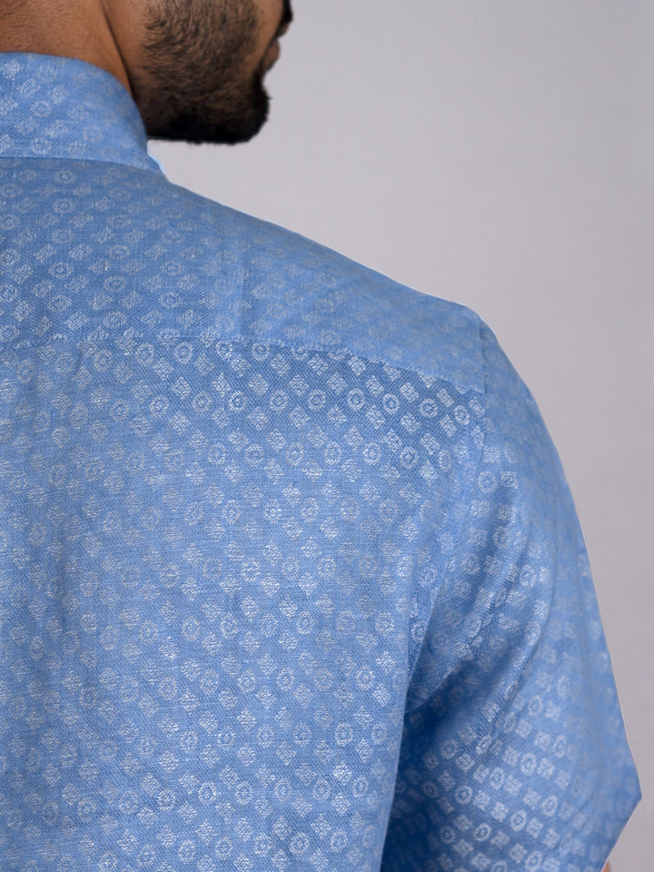 Deacon - Pure Linen Jacquard Half Sleeve Shirt - Blue | Rescue