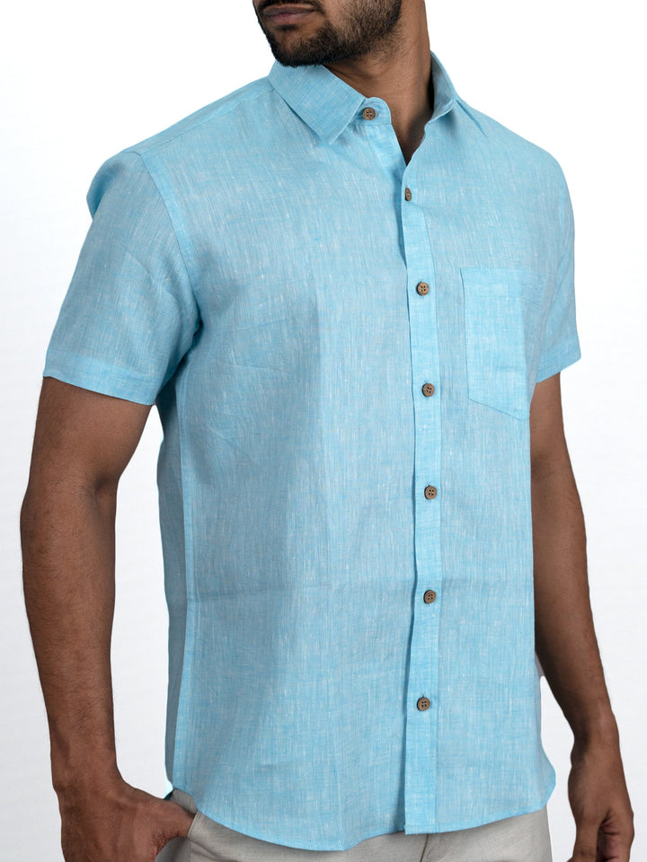 Denny - Pure Linen Chambray Half Sleeve Shirt - Blue | Rescue